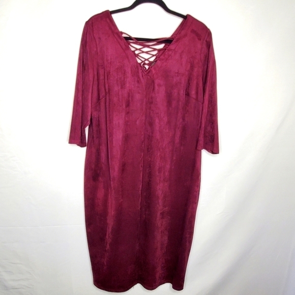 G.I.L.I. Lace-up Midi Dress Size 1X Stretch Faux Suede V-Neck Party Burgundy - Picture 14 of 15